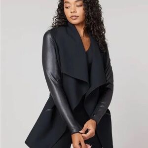 Spanx Black Women's Drape Front Jacket  Faux Leather Sleeves